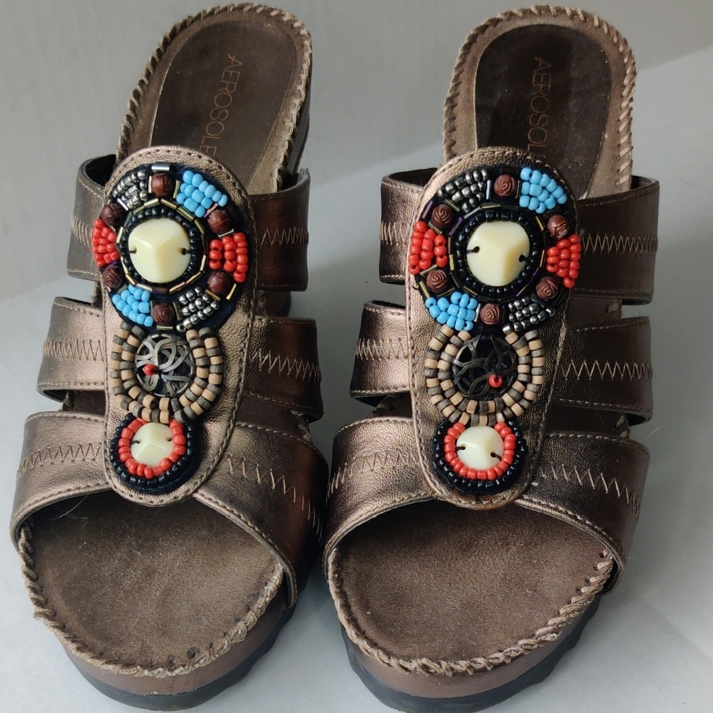 Women's Aerosole "Cobblestone" Wedge Mules, Sz 9M Beaded Embellishments, Bronze